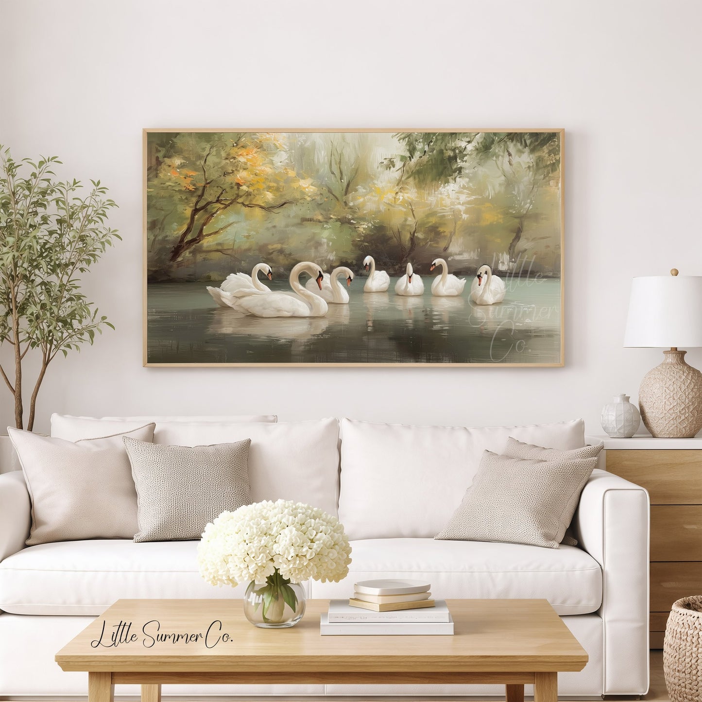 Seven Swans Swimming Frame TV Art displayed on a TV