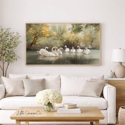 Seven Swans Swimming Frame TV Art displayed on a TV