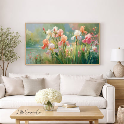 Pastel Irises Frame TV Art displayed on a TV