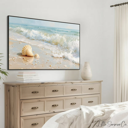 Seashell Shore Frame TV Art displayed on a TV