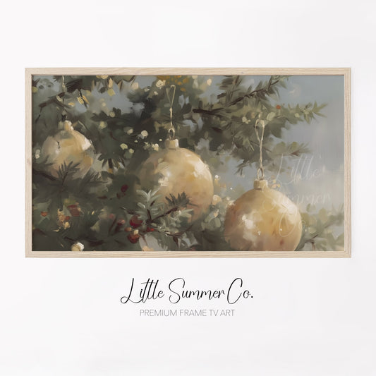 Golden Christmas Ornaments Pine Tree Frame TV Art displayed on a TV