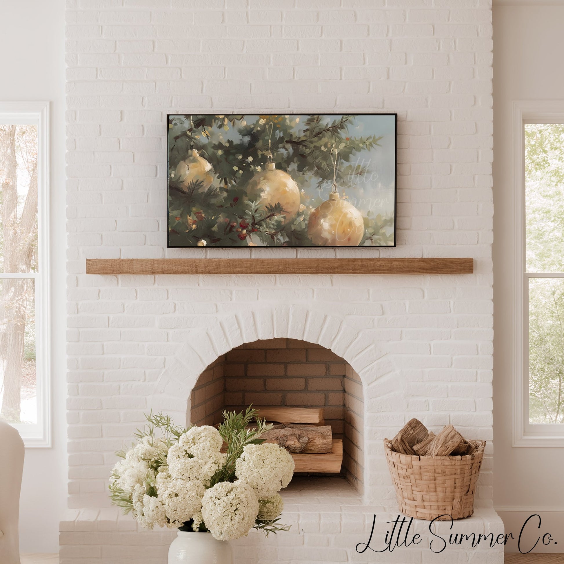 Golden Christmas Ornaments Pine Tree Frame TV Art displayed on a TV