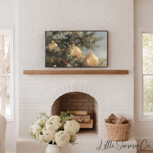 Golden Christmas Ornaments Pine Tree Frame TV Art displayed on a TV