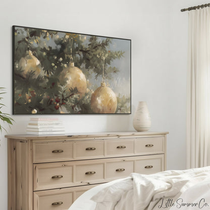 Golden Christmas Ornaments Pine Tree Frame TV Art displayed on a TV