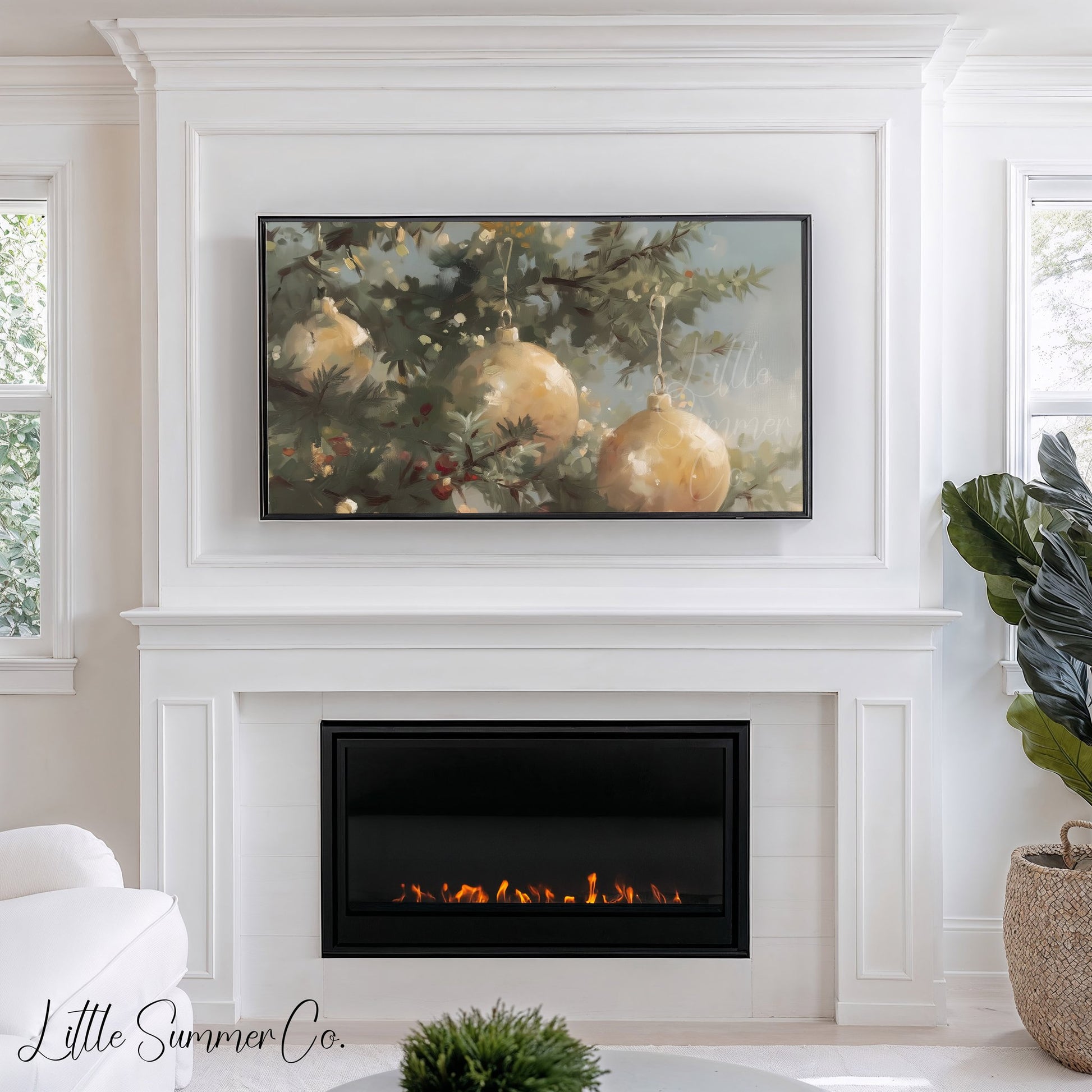 Golden Christmas Ornaments Pine Tree Frame TV Art displayed on a TV