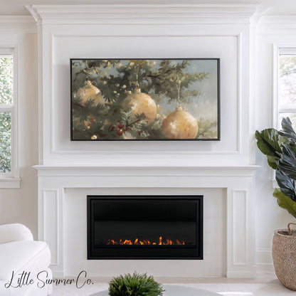 Golden Christmas Ornaments Pine Tree Frame TV Art displayed on a TV
