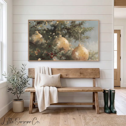 Golden Christmas Ornaments Pine Tree Frame TV Art displayed on a TV