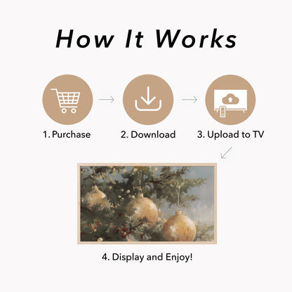 Golden Christmas Ornaments Pine Tree Frame TV Art displayed on a TV