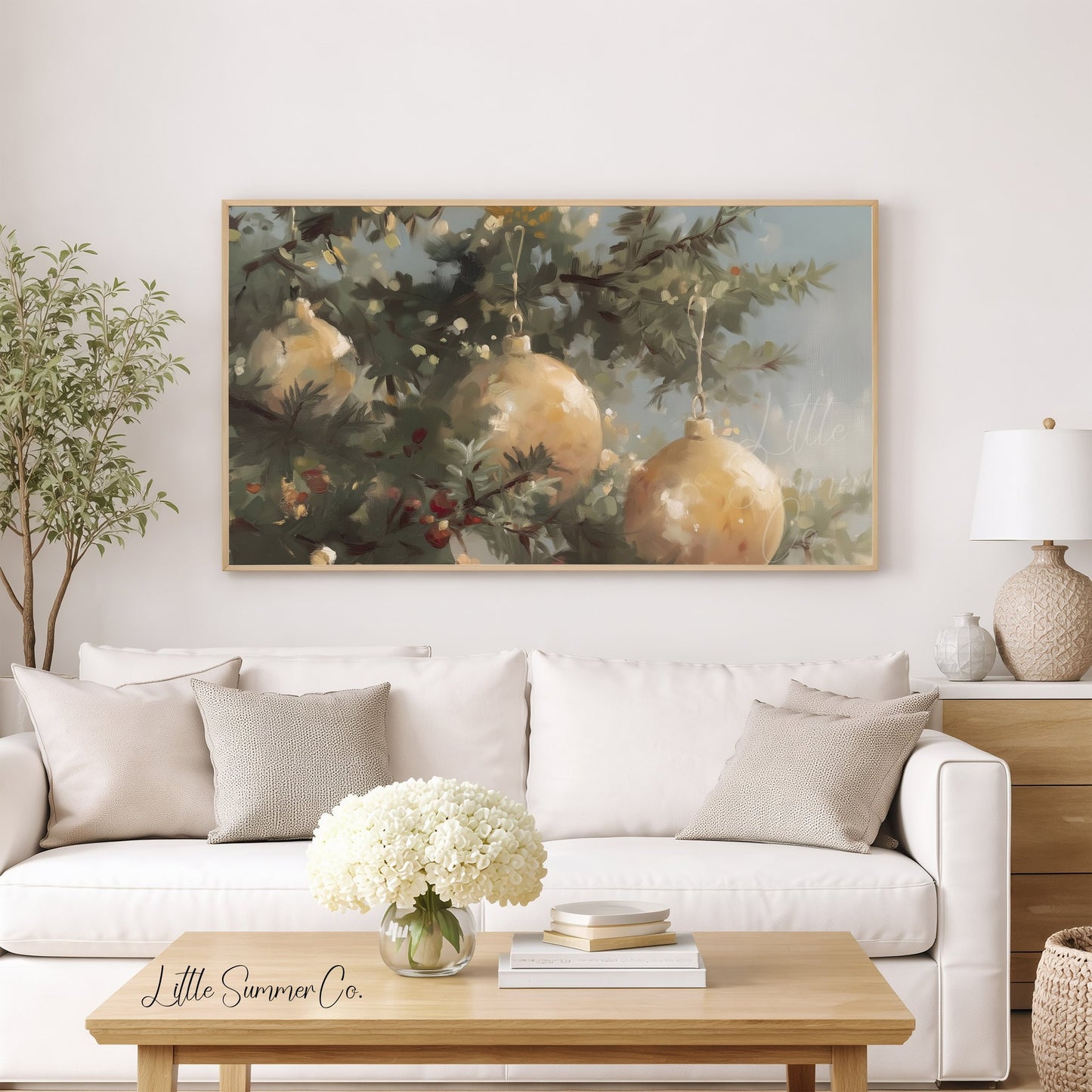 Golden Christmas Ornaments Pine Tree Frame TV Art displayed on a TV