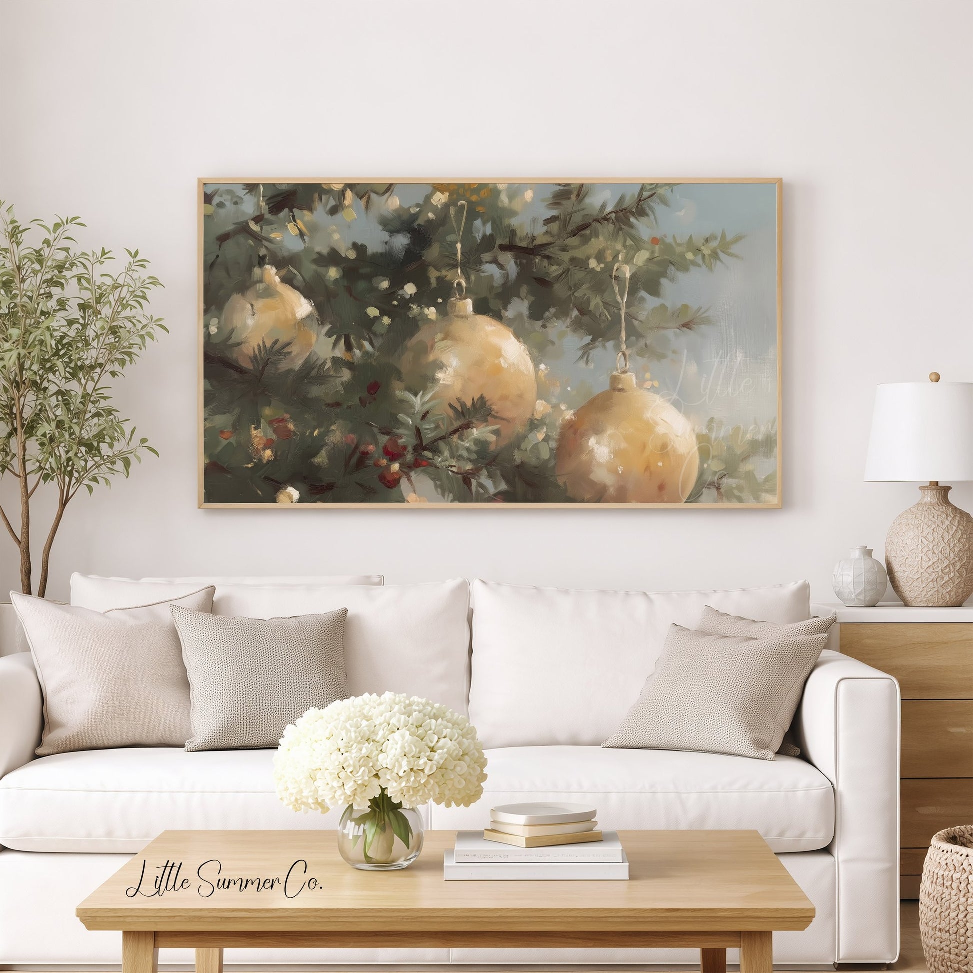 Golden Christmas Ornaments Pine Tree Frame TV Art displayed on a TV