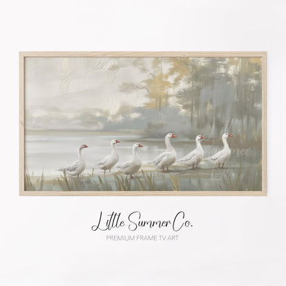 6 Geese a-laying Frame TV Art displayed on a TV