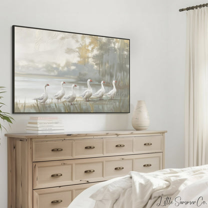 6 Geese a-laying Frame TV Art displayed on a TV