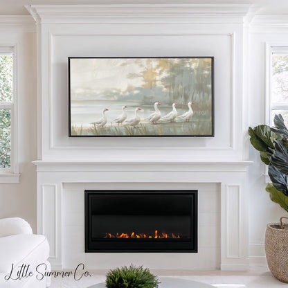 6 Geese a-laying Frame TV Art displayed on a TV