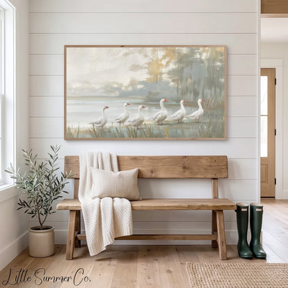 6 Geese a-laying Frame TV Art displayed on a TV