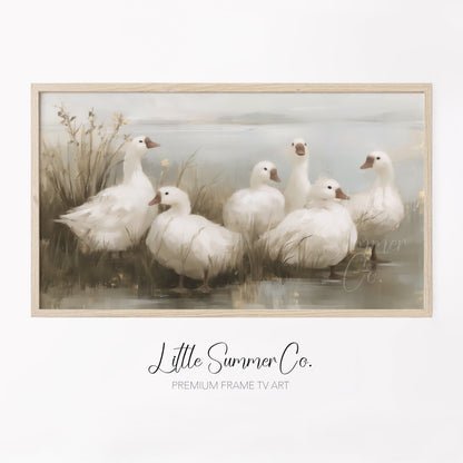 Six Geese a-Laying Frame TV Art displayed on a TV
