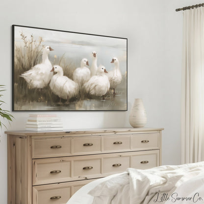 Six Geese a-Laying Frame TV Art displayed on a TV