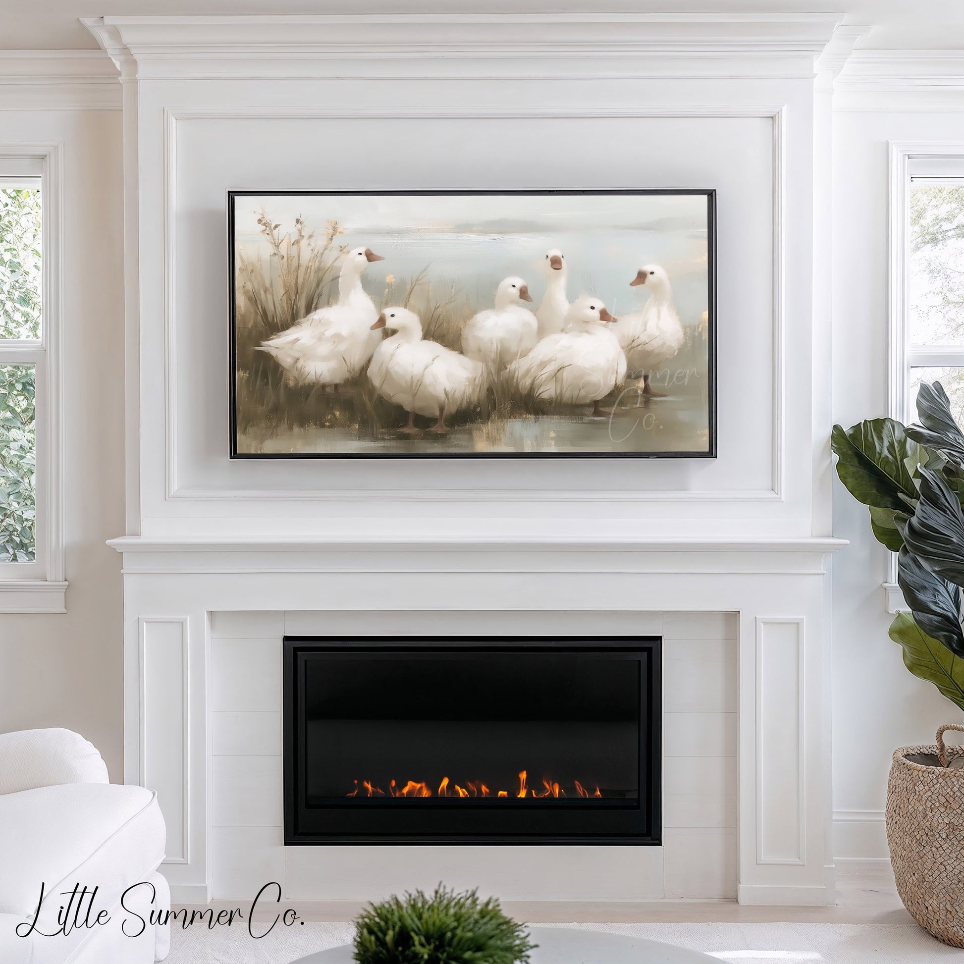 Six Geese a-Laying Frame TV Art displayed on a TV