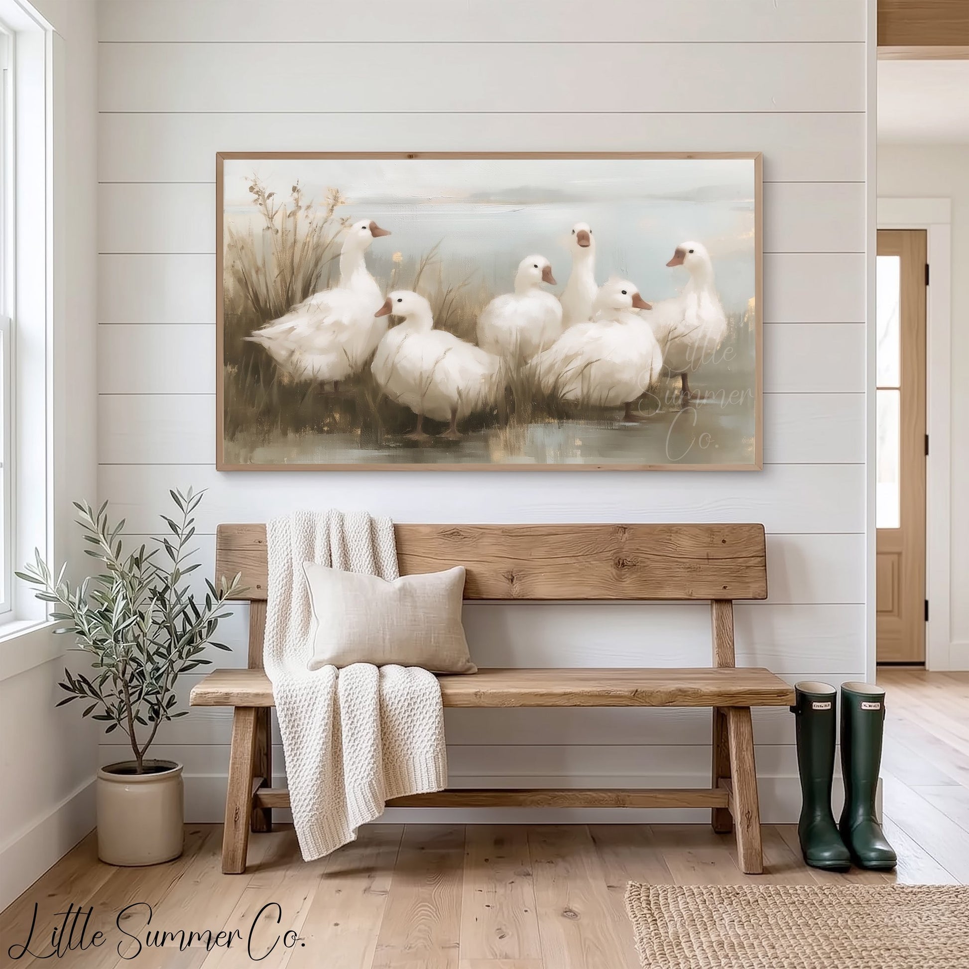 Six Geese a-Laying Frame TV Art displayed on a TV