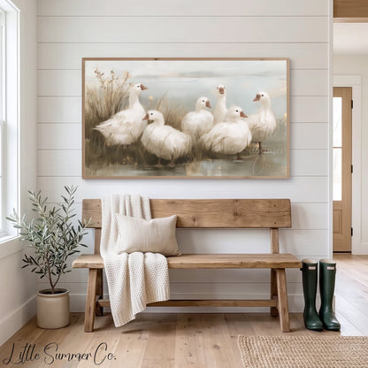 Six Geese a-Laying Frame TV Art displayed on a TV