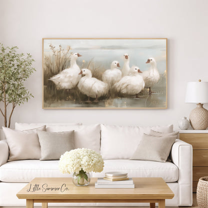 Six Geese a-Laying Frame TV Art displayed on a TV