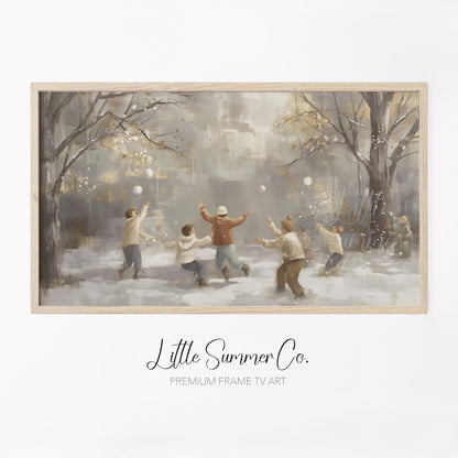 Snowball Fight Frame TV Art displayed on a TV