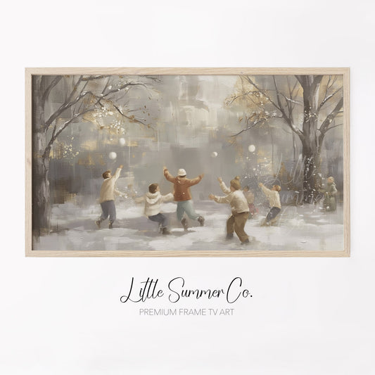 Snowball Fight Frame TV Art displayed on a TV