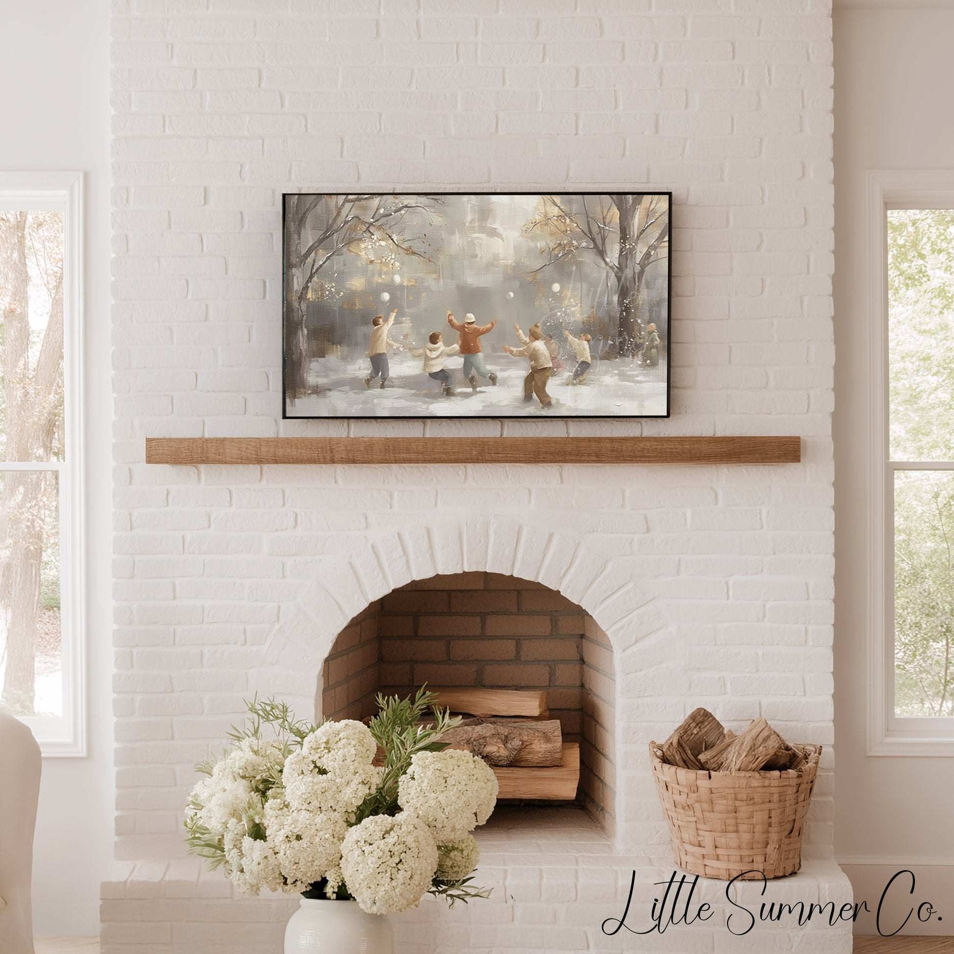Snowball Fight Frame TV Art displayed on a TV