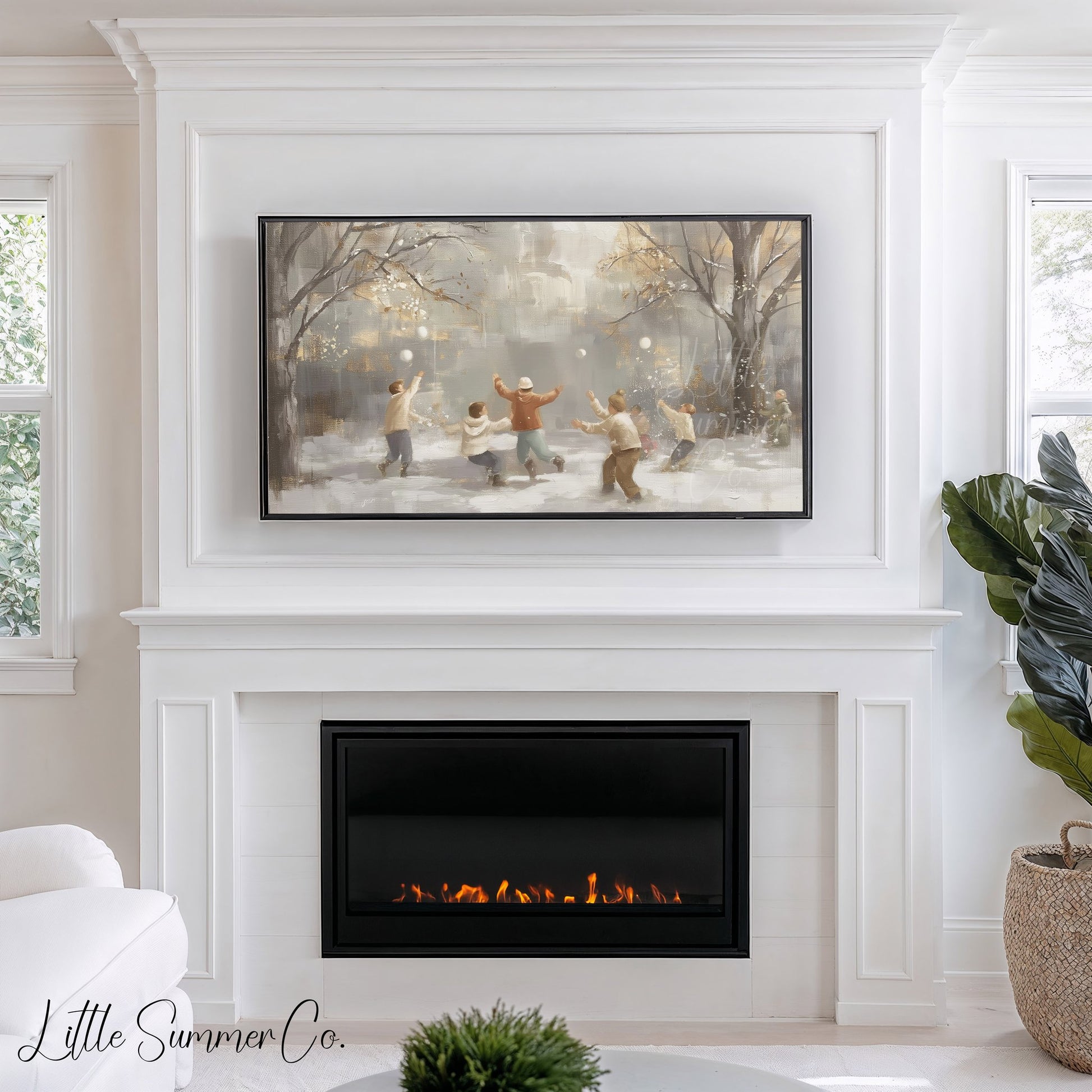 Snowball Fight Frame TV Art displayed on a TV