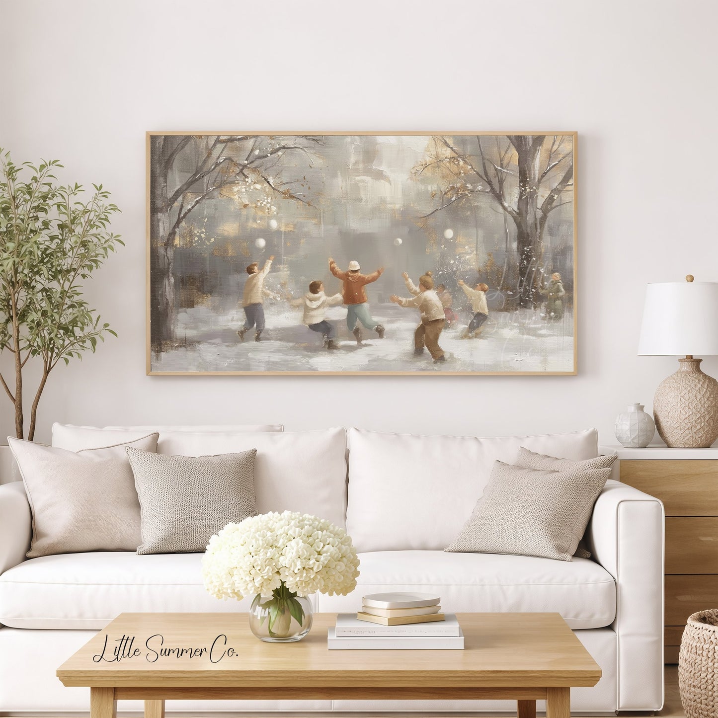 Snowball Fight Frame TV Art displayed on a TV