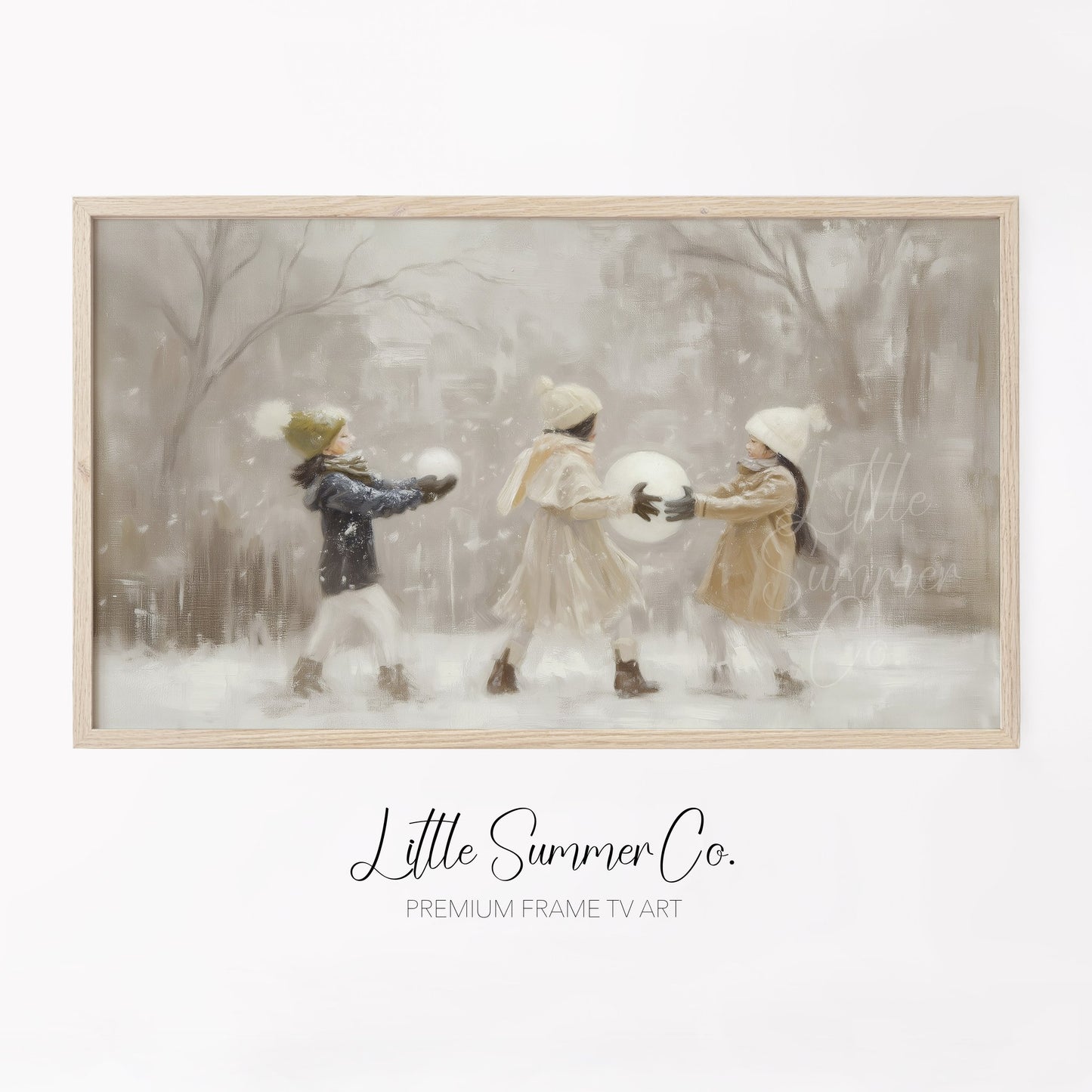 Children With Snowballs Frame TV Art displayed on a TV