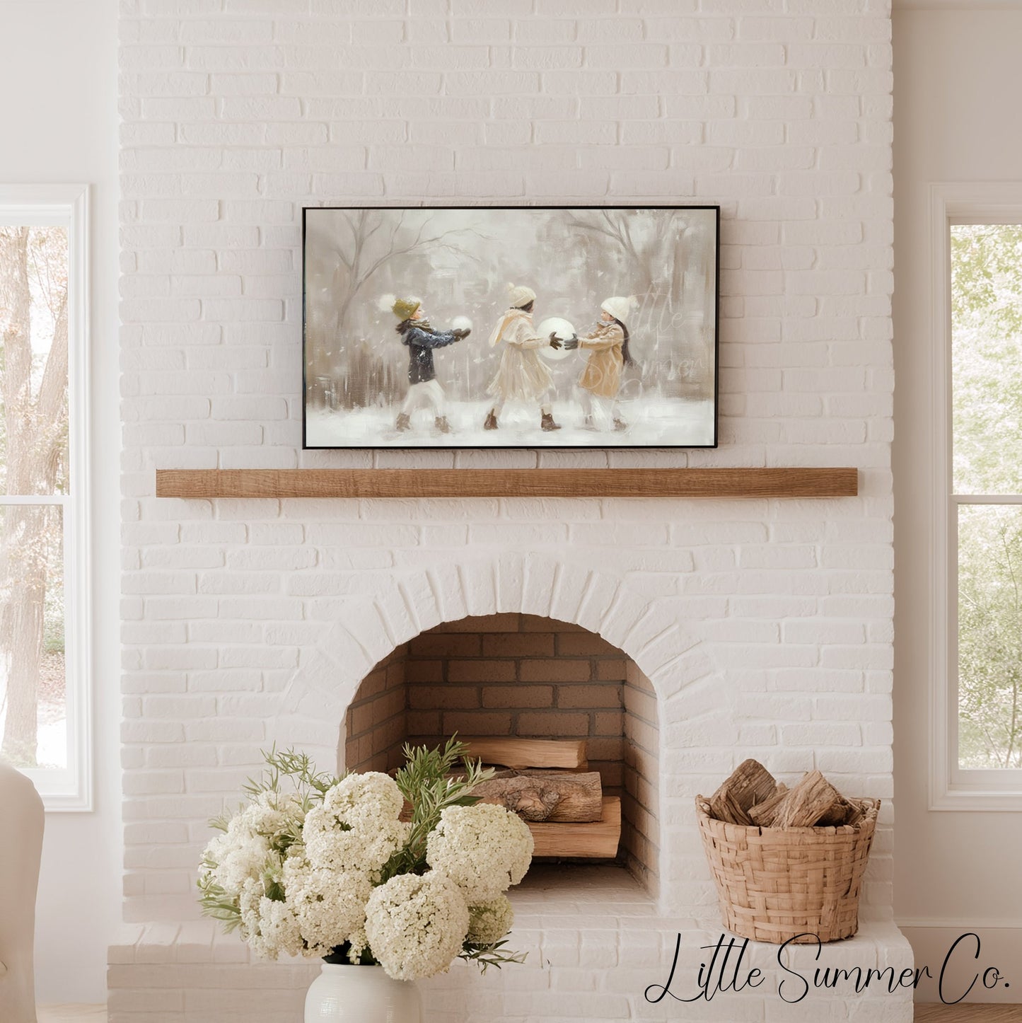 Children With Snowballs Frame TV Art displayed on a TV
