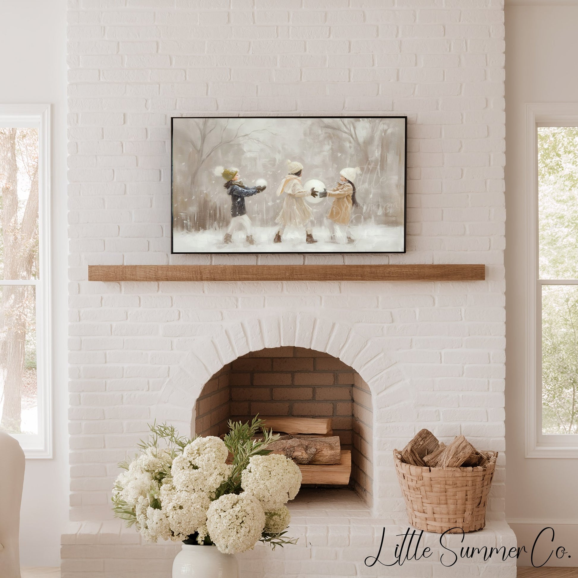 Children With Snowballs Frame TV Art displayed on a TV