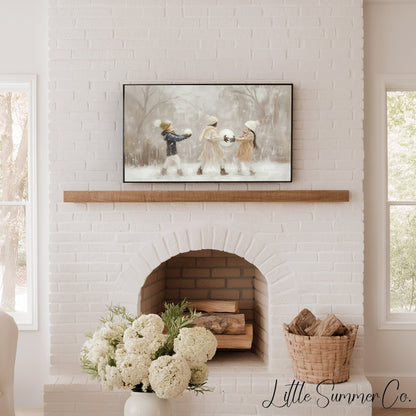 Children With Snowballs Frame TV Art displayed on a TV