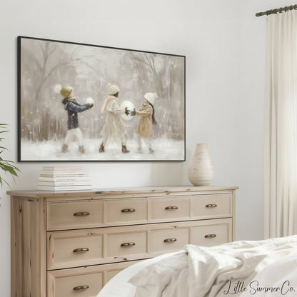 Children With Snowballs Frame TV Art displayed on a TV