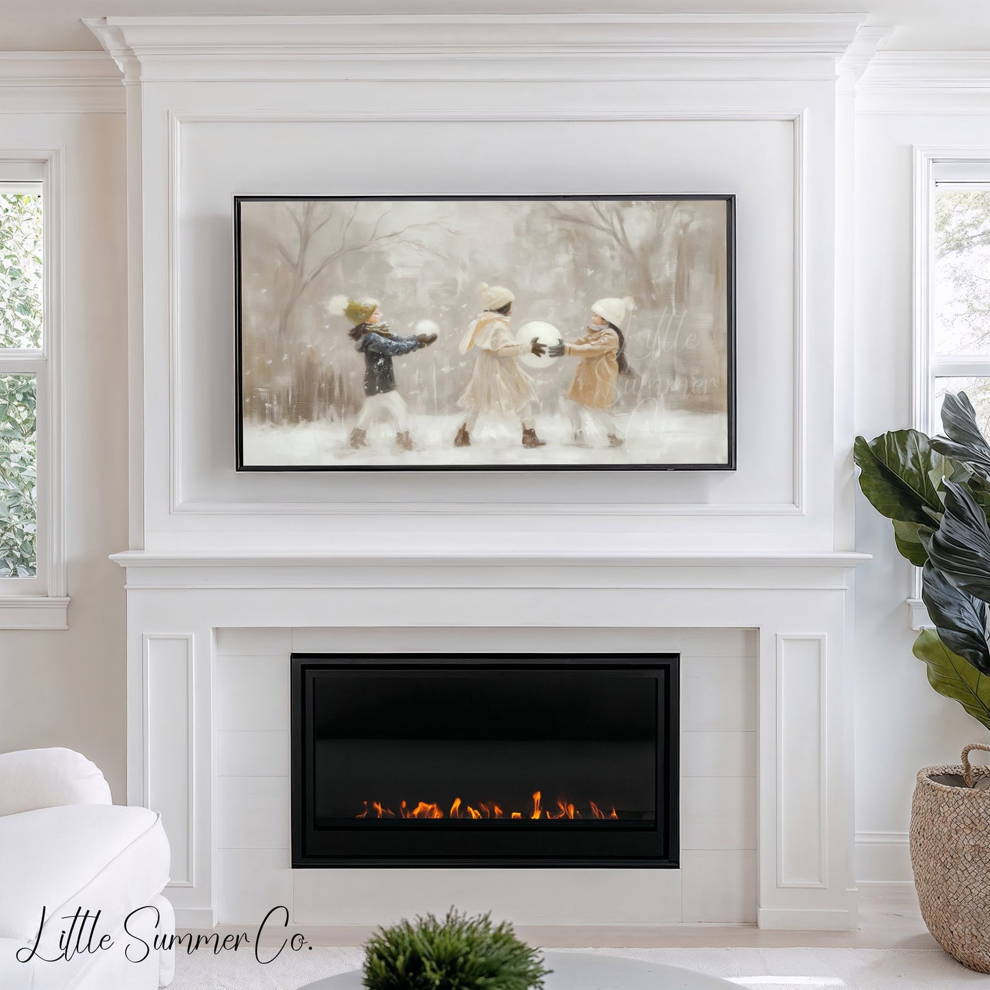 Children With Snowballs Frame TV Art displayed on a TV