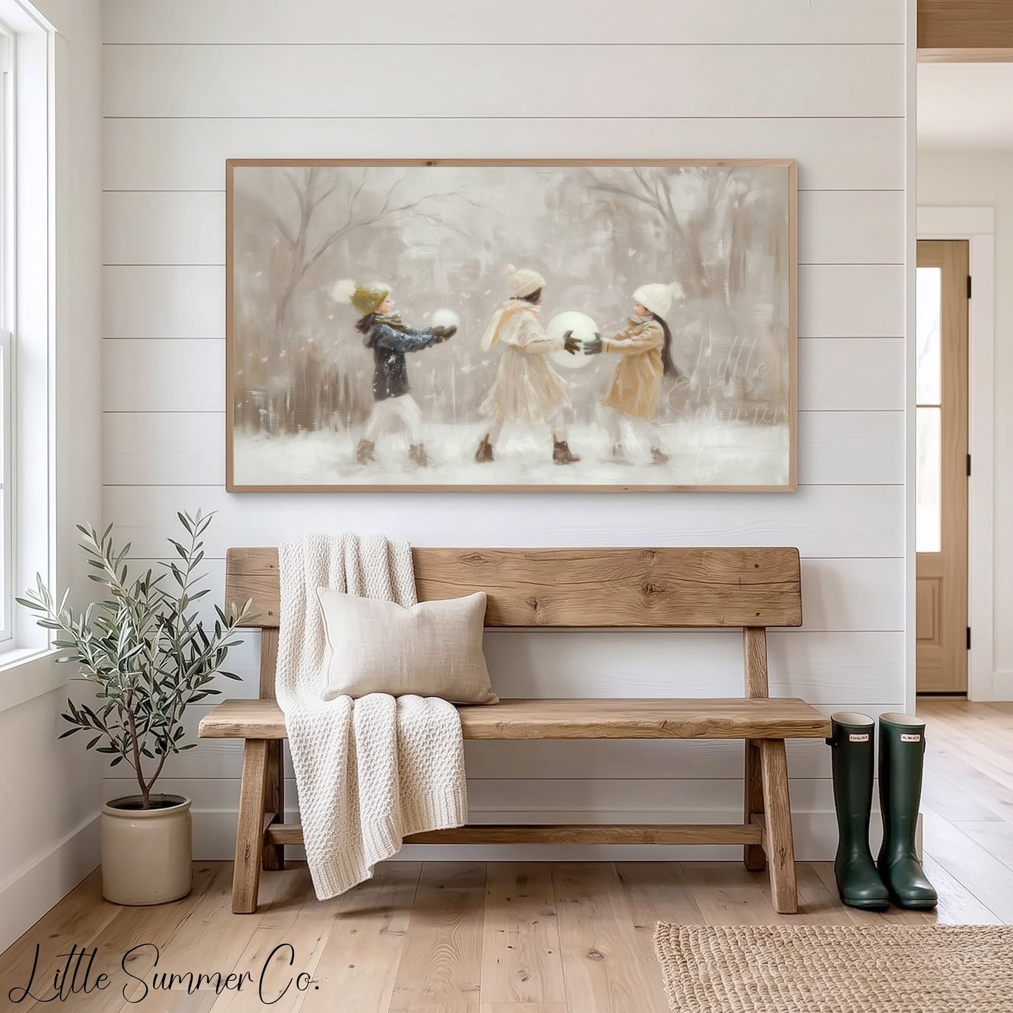 Children With Snowballs Frame TV Art displayed on a TV