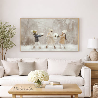 Children With Snowballs Frame TV Art displayed on a TV