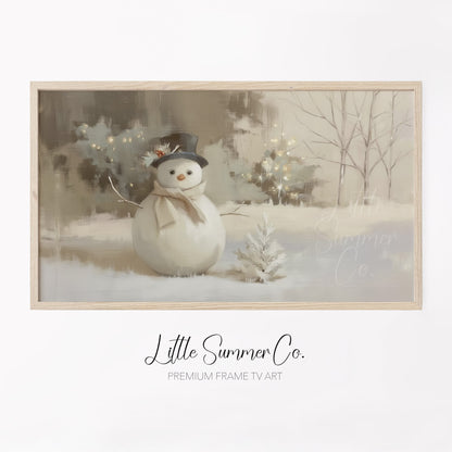 Cosy Snowman Winter Garden Scene Frame TV Art displayed on a TV