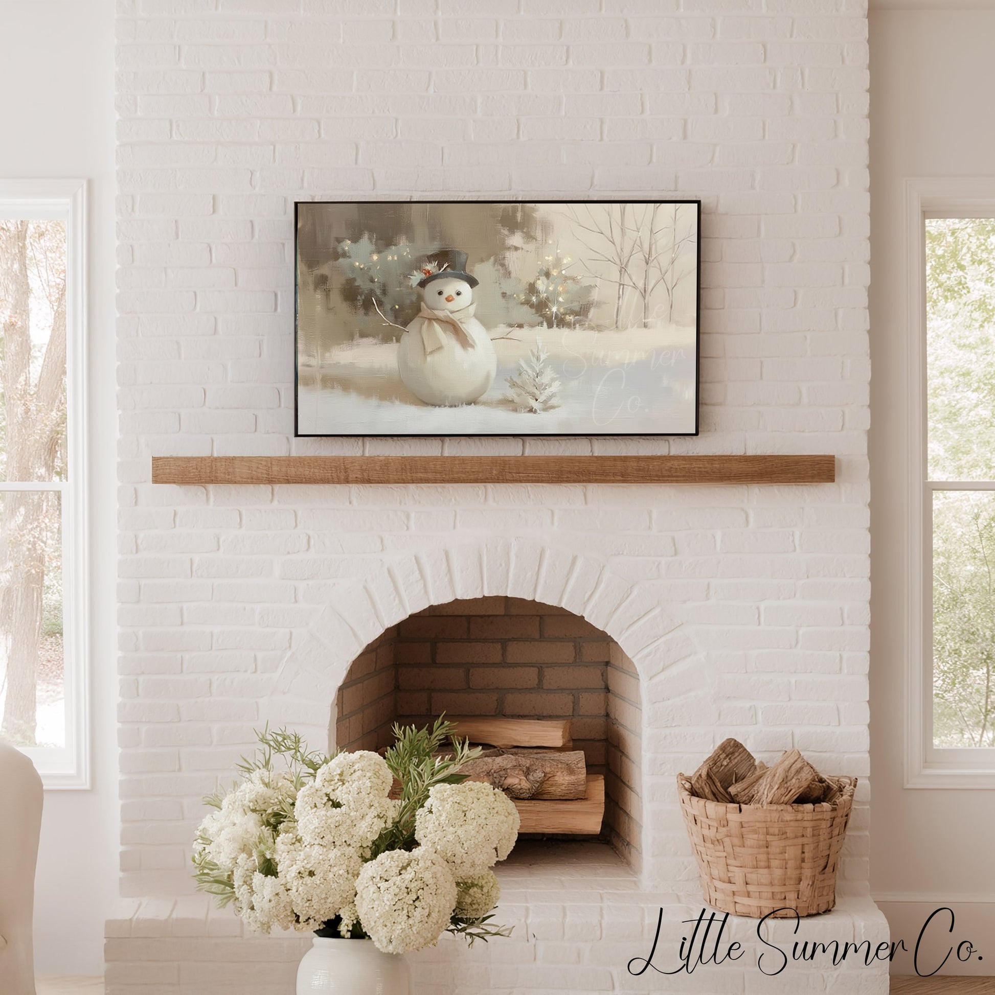 Cosy Snowman Winter Garden Scene Frame TV Art displayed on a TV