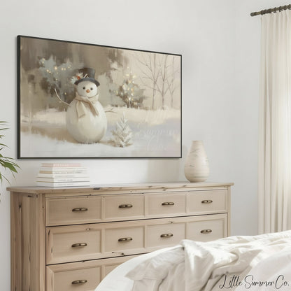 Cosy Snowman Winter Garden Scene Frame TV Art displayed on a TV