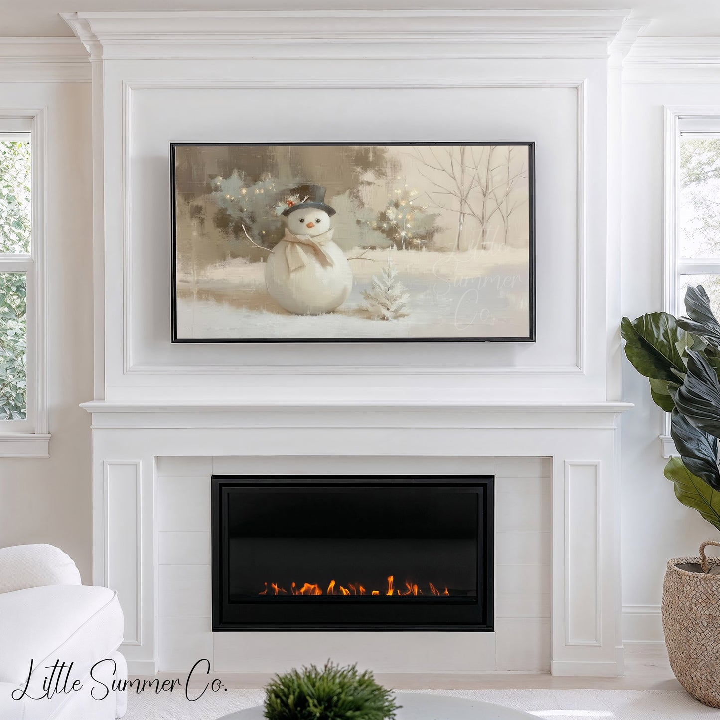 Cosy Snowman Winter Garden Scene Frame TV Art displayed on a TV