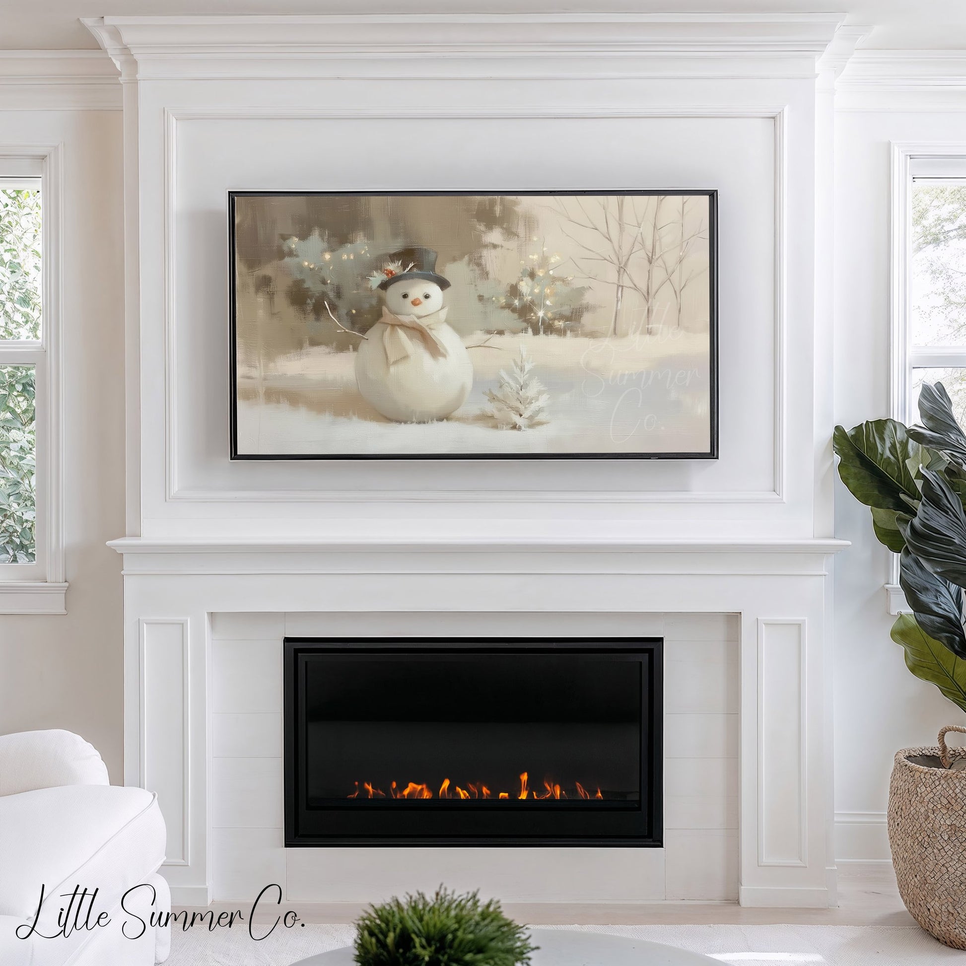 Cosy Snowman Winter Garden Scene Frame TV Art displayed on a TV