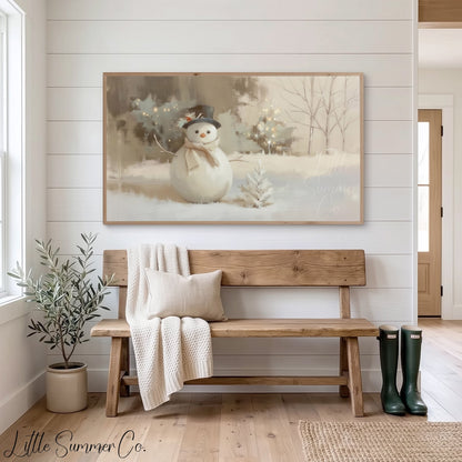 Cosy Snowman Winter Garden Scene Frame TV Art displayed on a TV
