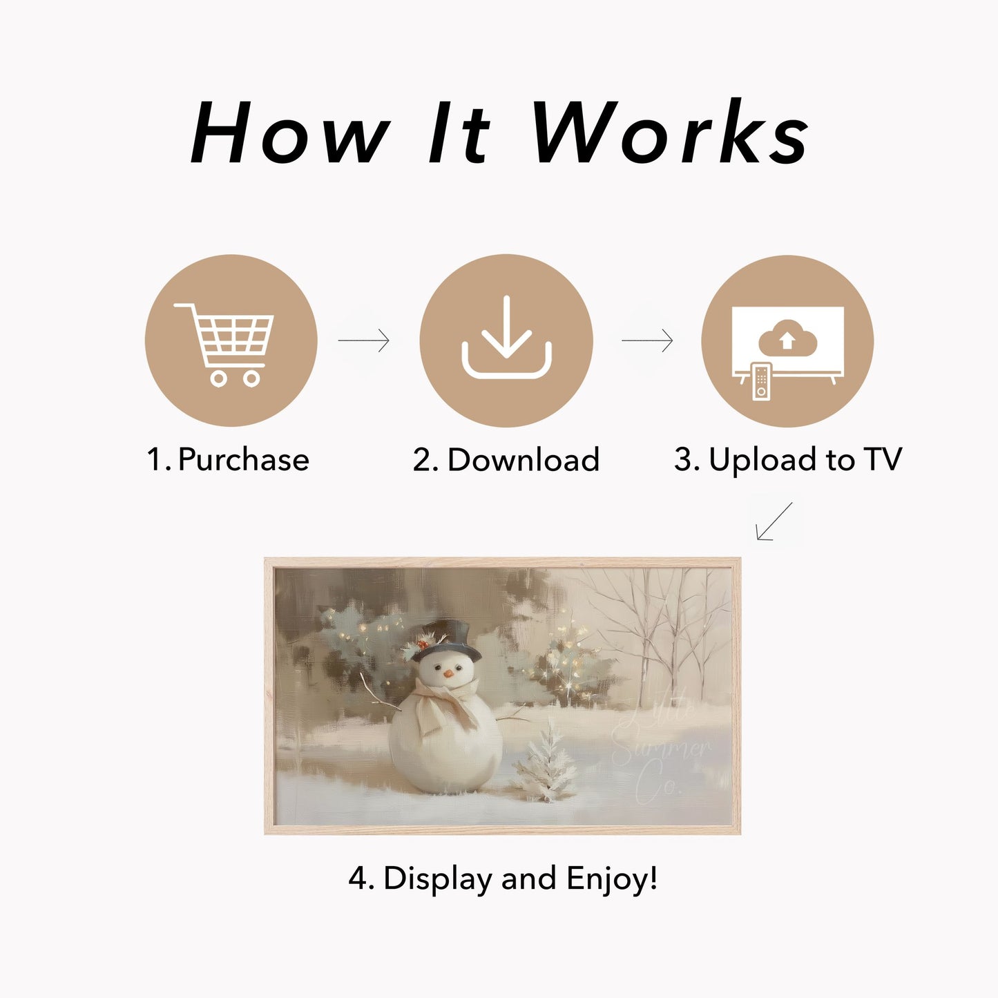 Cosy Snowman Winter Garden Scene Frame TV Art displayed on a TV