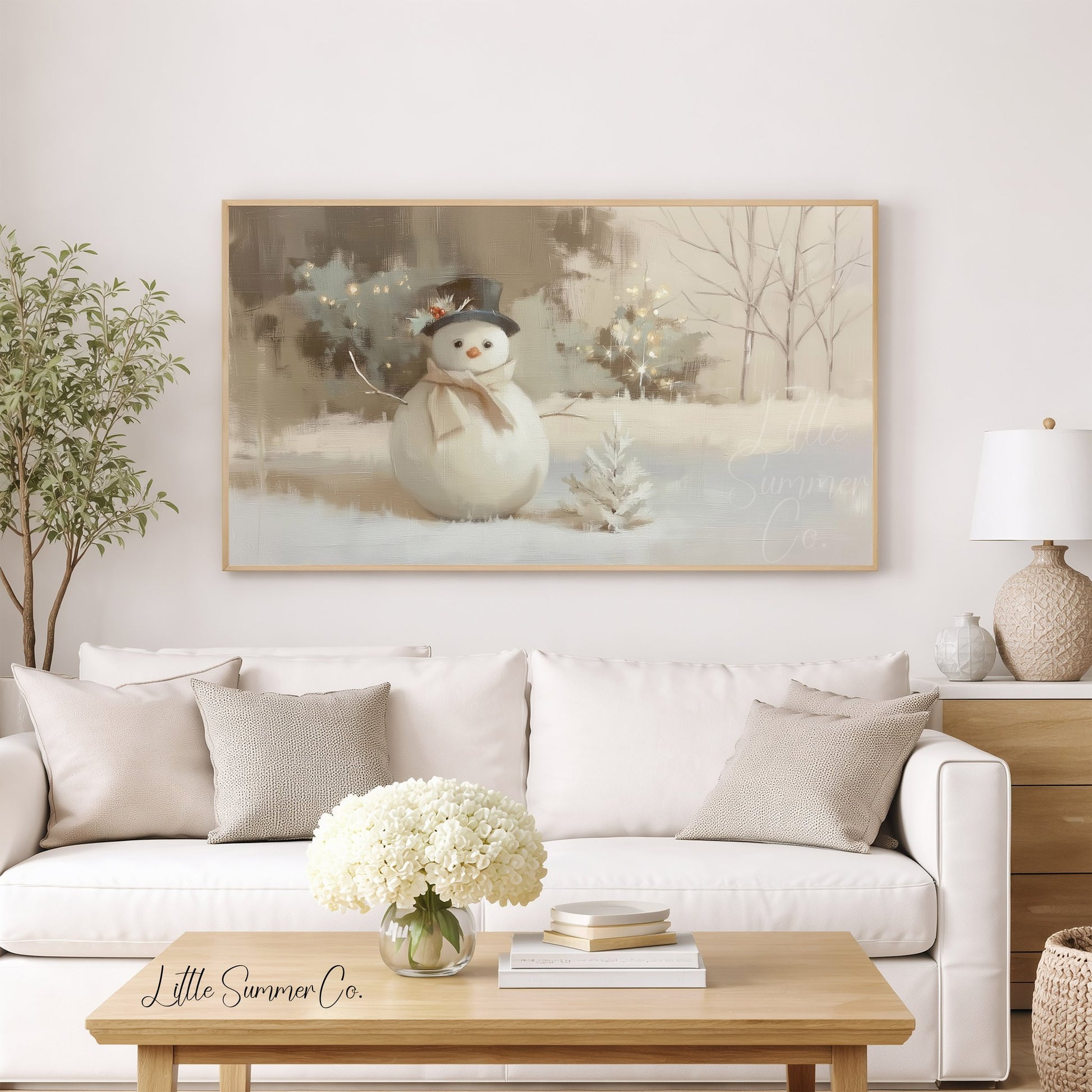 Cosy Snowman Winter Garden Scene Frame TV Art displayed on a TV