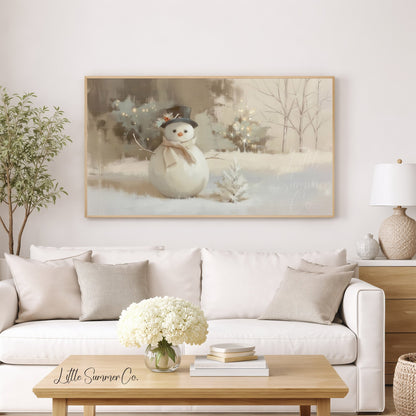 Cosy Snowman Winter Garden Scene Frame TV Art displayed on a TV