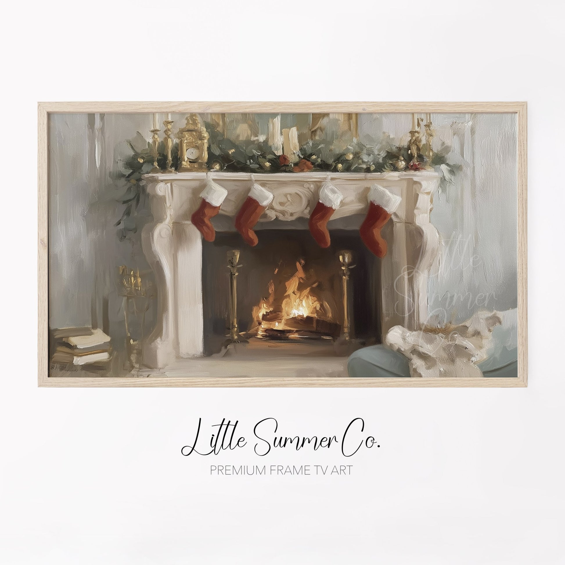 Christmas Fireplace Stockings Frame TV Art displayed on a TV