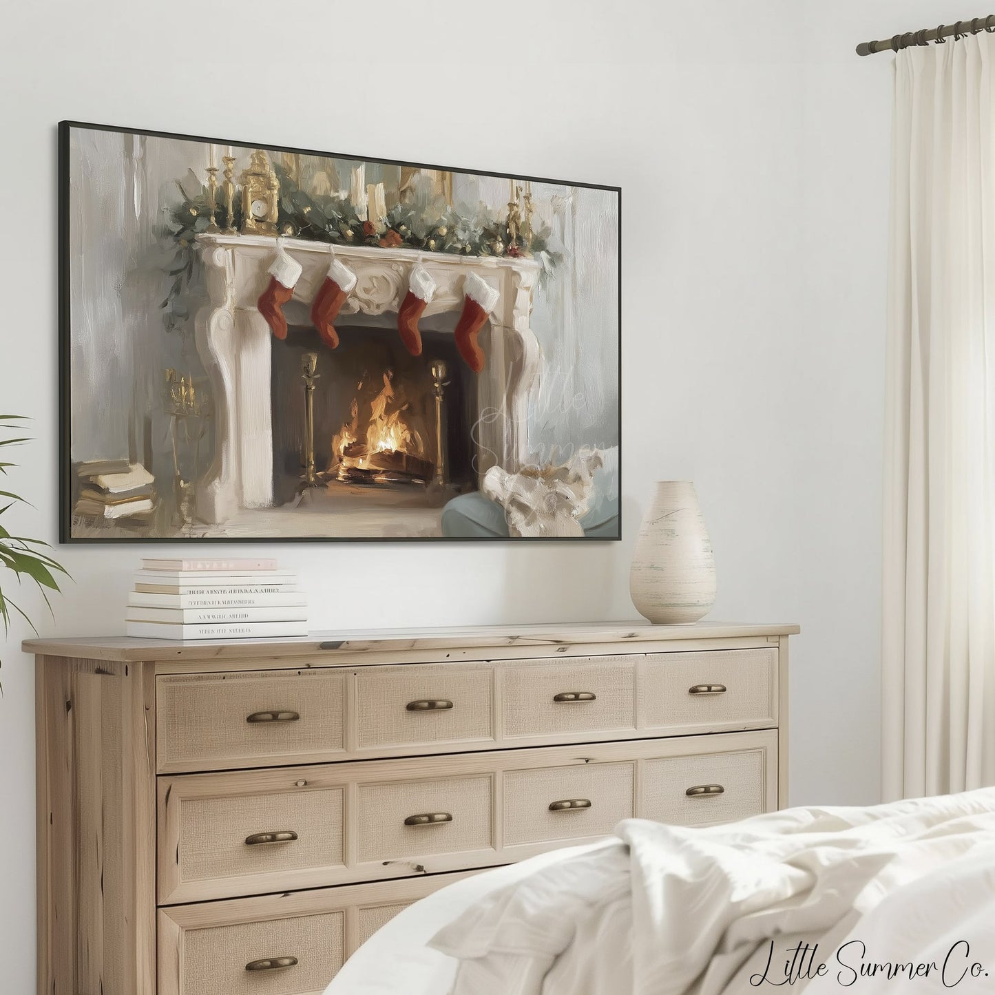 Christmas Fireplace Stockings Frame TV Art displayed on a TV