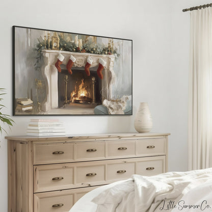 Christmas Fireplace Stockings Frame TV Art displayed on a TV