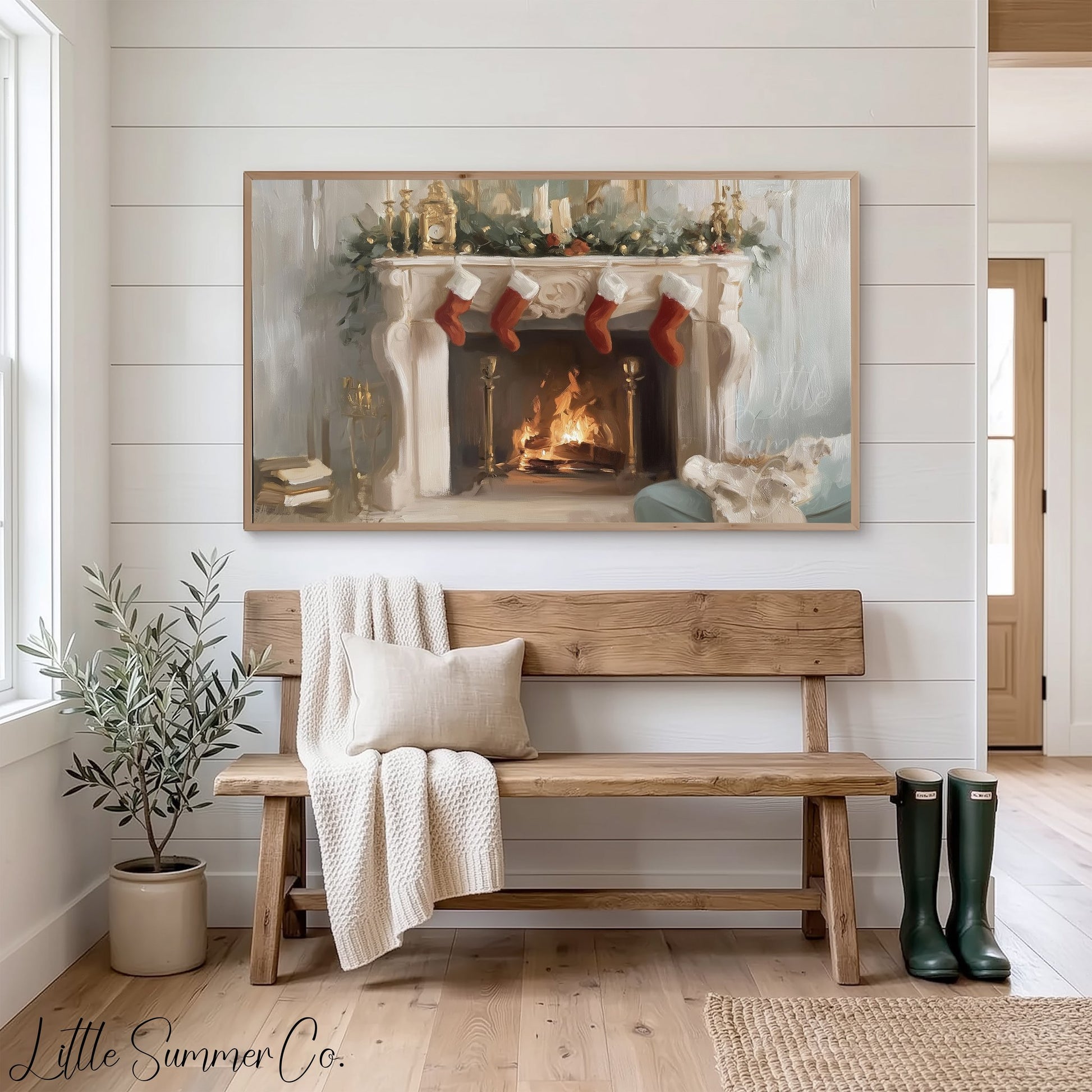 Christmas Fireplace Stockings Frame TV Art displayed on a TV